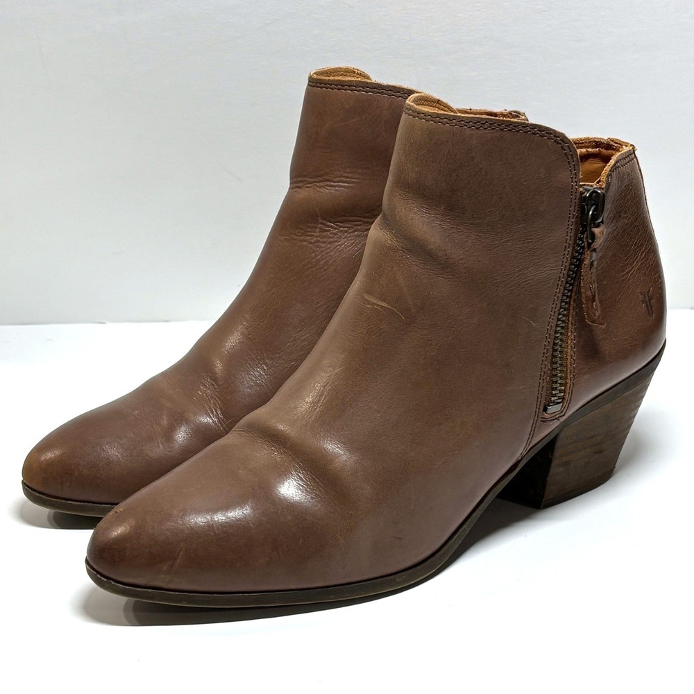 Frye Women 8 Judith Boots Double Zip‎ Ankle Brown Leather Block Heel Western